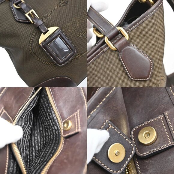 PRADA MILANO Logo 2Way Shoulder Hand Bag Jacquard Leather Brown GHW - Picture 10 of 15